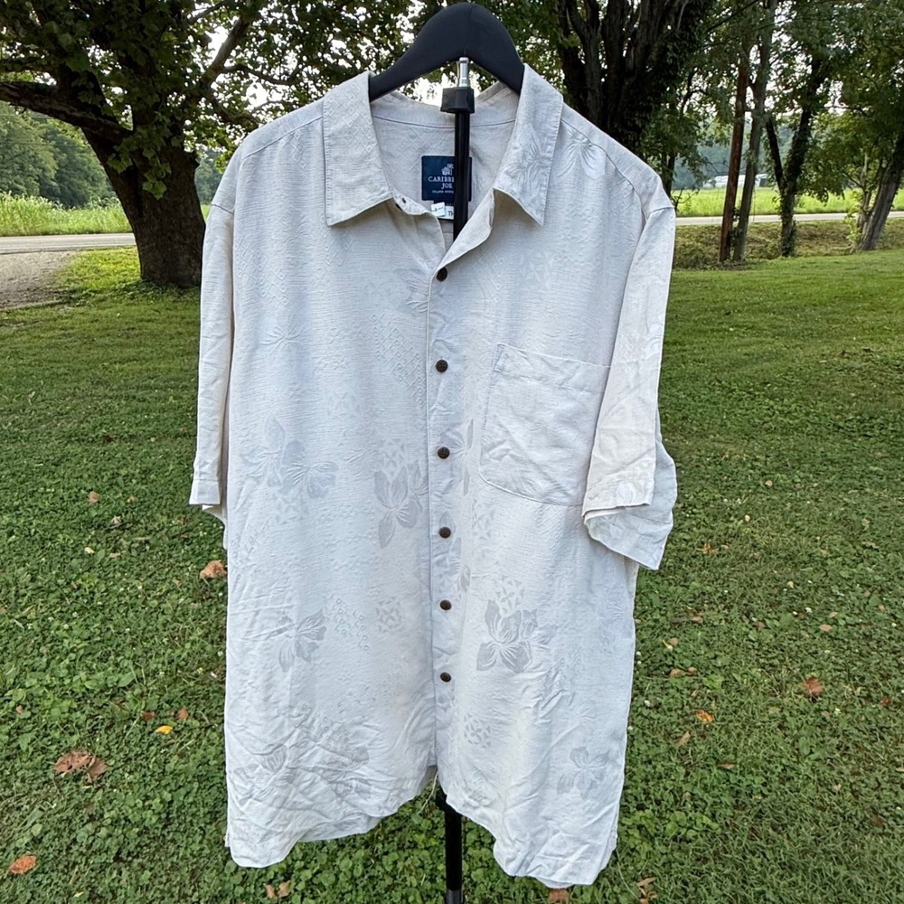 Caribbean Joe Mens XL Cream Floral Jacquard Button Down Camp Shirt Short Sleeve